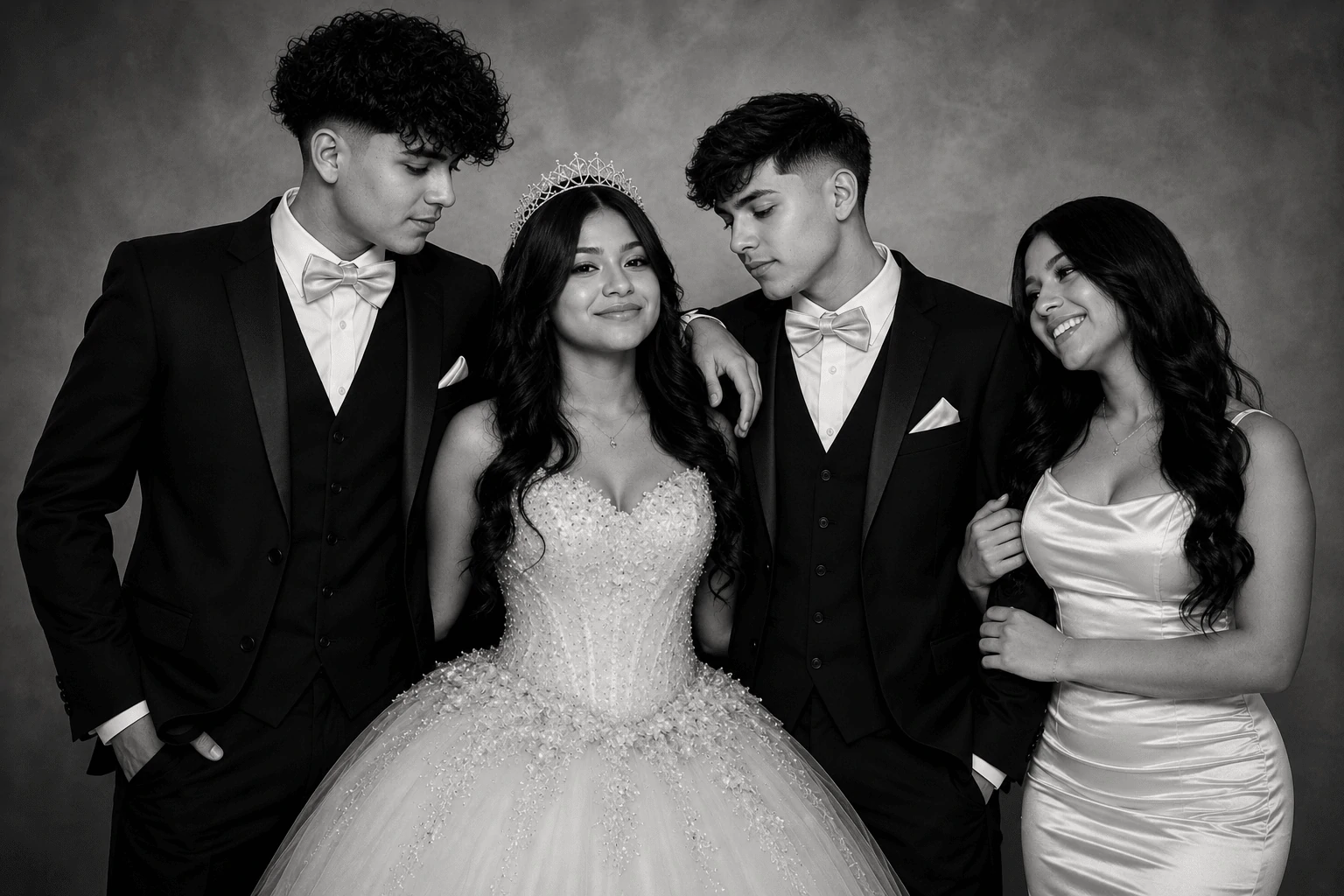 Quinceañera Photo Booth Rentals | Ready. Pose. Photo Booths Quinceañera and friends posing for photos in front of a pink backdrop during a San Fernando Valley quinceañera celebration.
