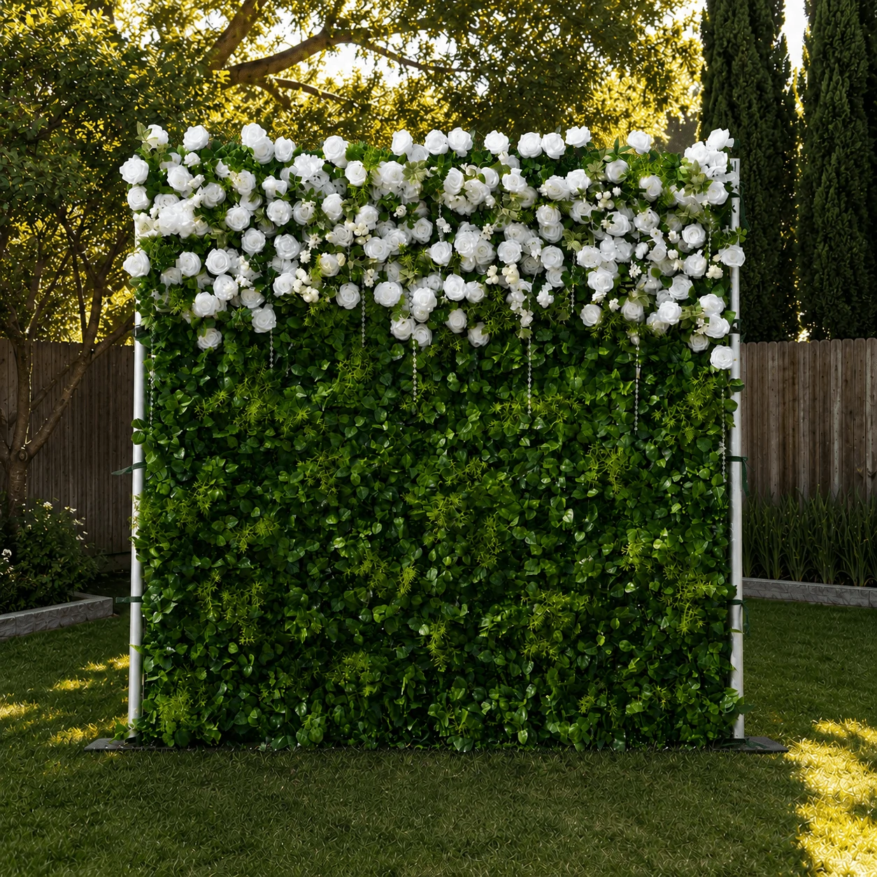 White Flower Wall Rental San Fernando Valley White flower wall rental backdrop for weddings, baby showers, quinceañeras, and luxury events in the San Fernando Valley.